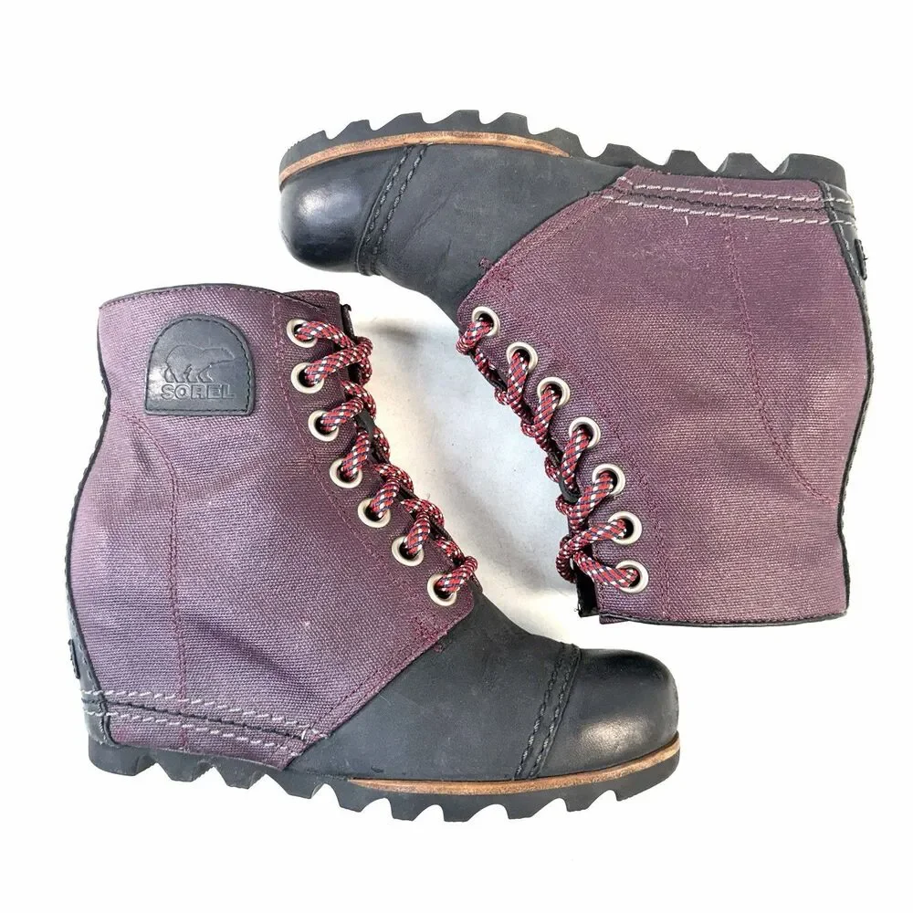 Sorel Purple Black Fabric Rubber Wedge Lace-Up Ankle Bootie NL2174-562 Women US7